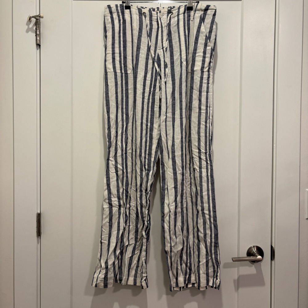 Just Living Womens Linen‎ Blend Striped Wide Leg Pants Navy White Large RN126205